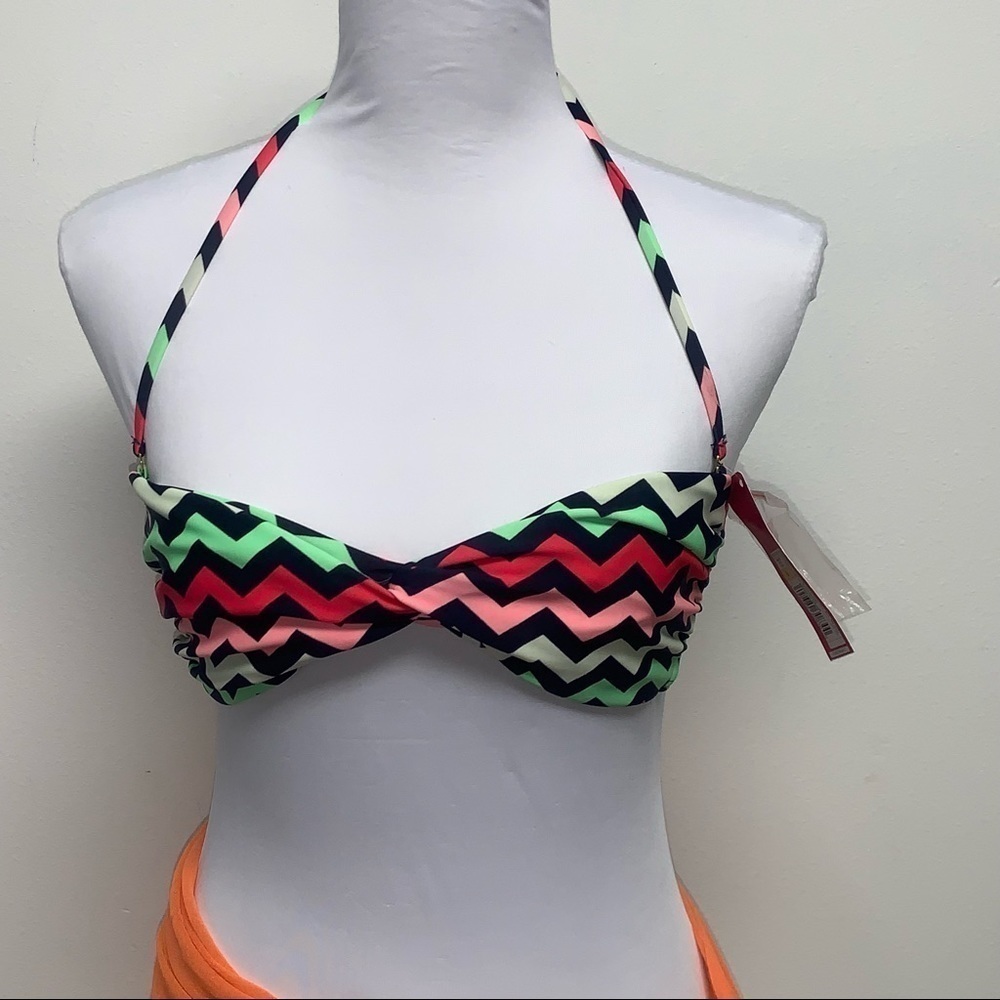 Xhilaration Size S Pink/Green/White Chevron Boho Halter Bikini Swim Top NWT NEW